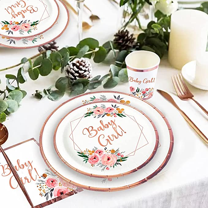 butterflies floral baby girl baby shower rose gold plates napkins set