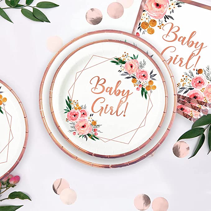 floral baby girl baby shower rose gold plates napkins set