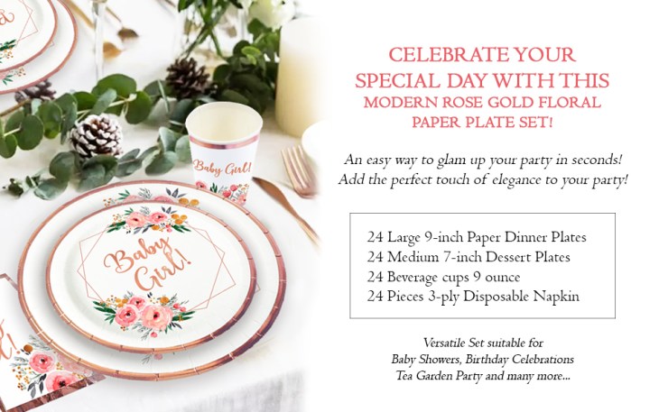 ola memoirs baby girl floral baby shower rose gold plates napkins set
