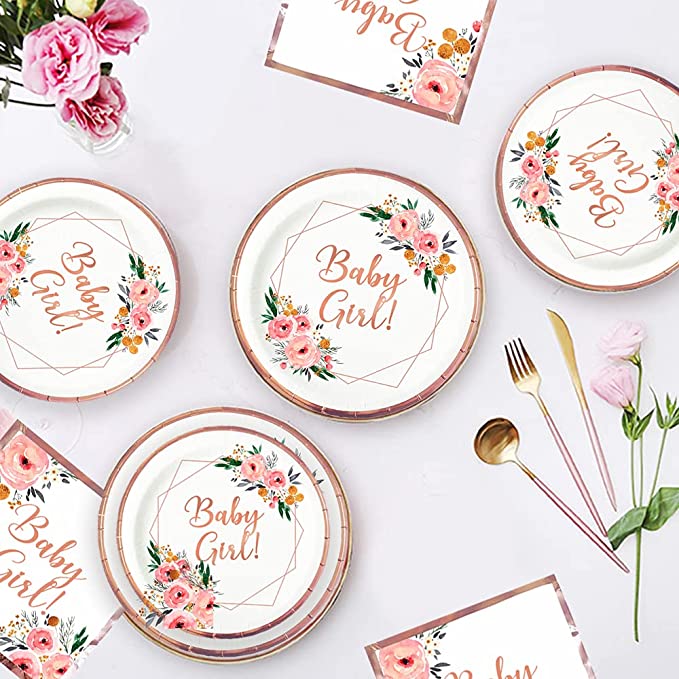 ola memoirs floral baby girl baby shower rose gold plates napkins set