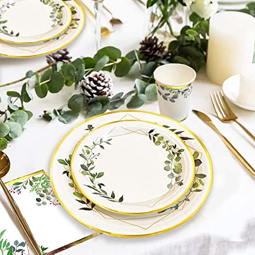 Ola memoirs greenery boho gold plates napkins cup set baby shower birthday sage safari