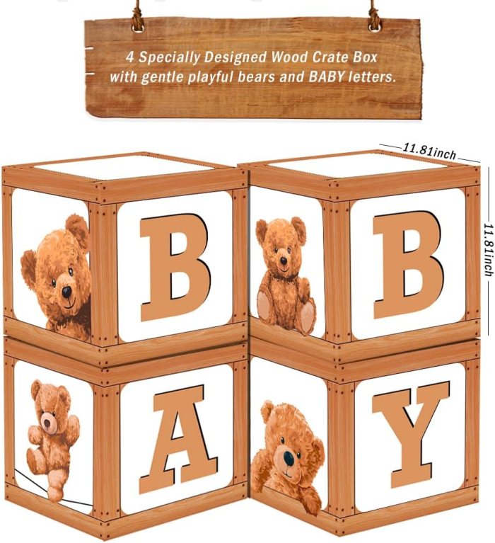 Ola Memoirs Teddy Bear Baby Shower Boxes for Birthday Party Decorations, 4 Brown Neutral Bears BABY Letter Box Blocks Boy Girl