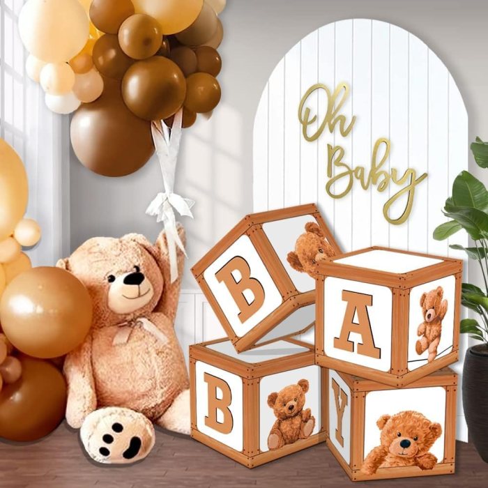 Ola Memoirs Teddy Bear Baby Shower Boxes for Birthday Party Decorations, 4 Brown Neutral Bears BABY Letter Box Blocks Centerpieces Boy Girl