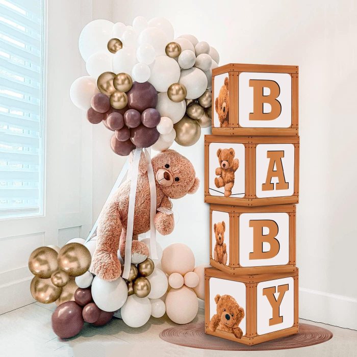 Ola Memoirs Teddy Bear Baby Shower Boxes for Birthday Party Decorations, 4 Brown Neutral Bears BABY Letter Box Blocks Centerpieces